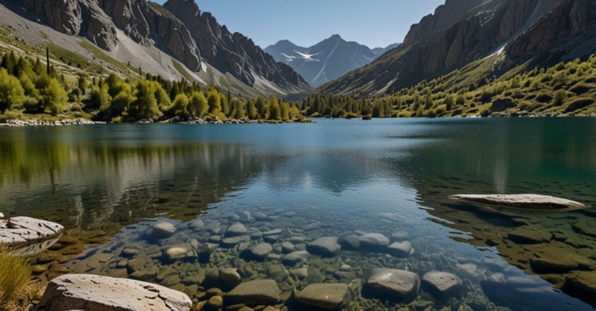 Crystal-clear alpine lake reflecting mountain peaks in Comapedrosa Natural Park.

