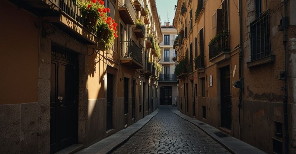Cobbled street in Madrid’s Barrio de las Letras, lined with balconies and morning light

