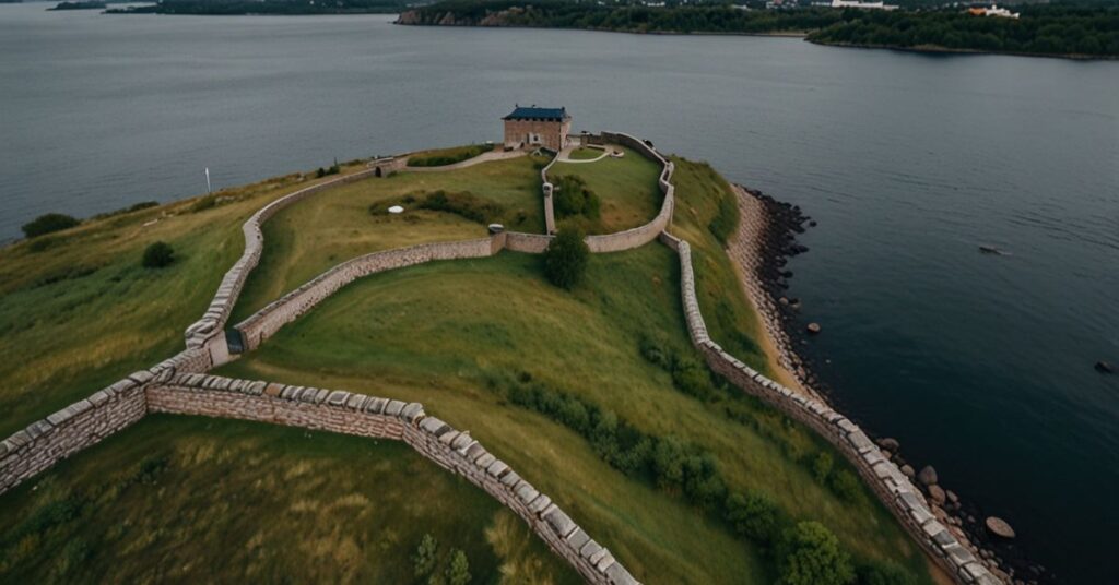  Historic sea fortress walls with cannon paths and Baltic sea backdrop.