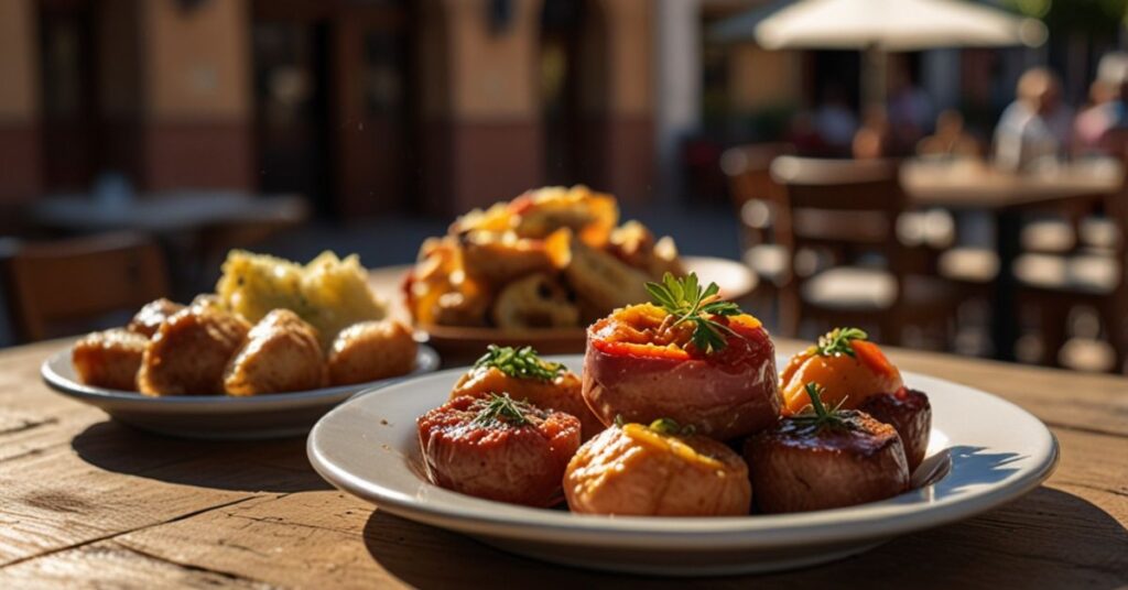Traditional Spanish tapas served at an outdoor café in La Latina, Madrid

