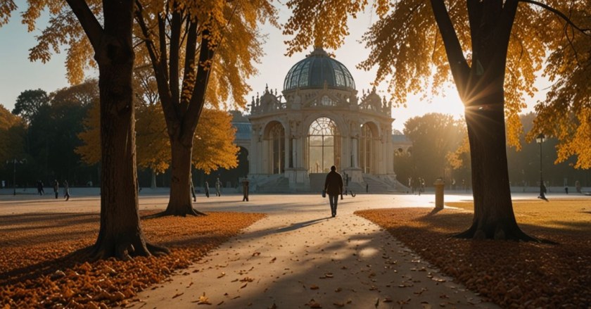Solo traveler walking near the Crystal Palace in Retiro Park, Madrid

